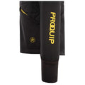 A black jacket features a quilted design and a prominent yellow logo reading PROQUIP on the sleeve. It includes a side pocket and a small emblem near the bottom.