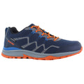 A blue and gray athletic shoe with orange laces rests on a white background showcasing a low profile design and textured sole intended for outdoor activities.