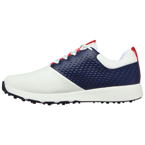A white and navy sneaker is positioned sideways with a textured mesh design on the upper part and red accents on the heel and laces highlighting a sporty aesthetic.