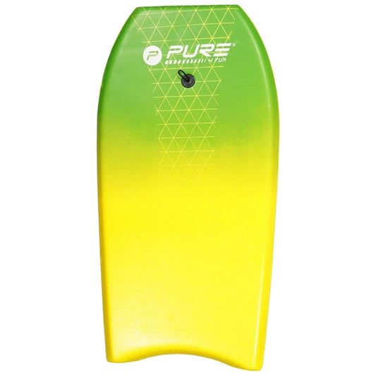 A green and yellow bodyboard is positioned upright showing its smooth surface and rounded edges designed for surfing waves at the beach for recreational fun.