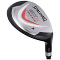 A golf club with a titanium matrix head and a sleek design is angled to highlight its shiny surface and feature the brand Spalding with the model SX35 and number 4