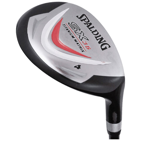 A golf club with a titanium matrix head and a sleek design is angled to highlight its shiny surface and feature the brand Spalding with the model SX35 and number 4
