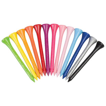 Colorful golf tees are arranged in a curved line each varying in color from green yellow orange red pink purple blue and black showcasing their pointed ends for use in golf.