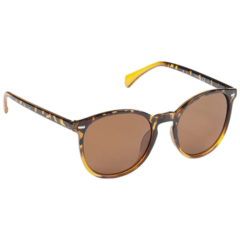 Brown tortoiseshell sunglasses rest diagonally with dark lenses reflecting light showcasing a sleek rounded design contrasting with yellow temple tips in a neutral background.