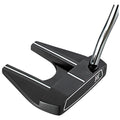 A black golf putter with a wide head featuring two white stripes and a chrome shaft is positioned upright against a neutral background showcasing its sleek design and professional craftsmanship.