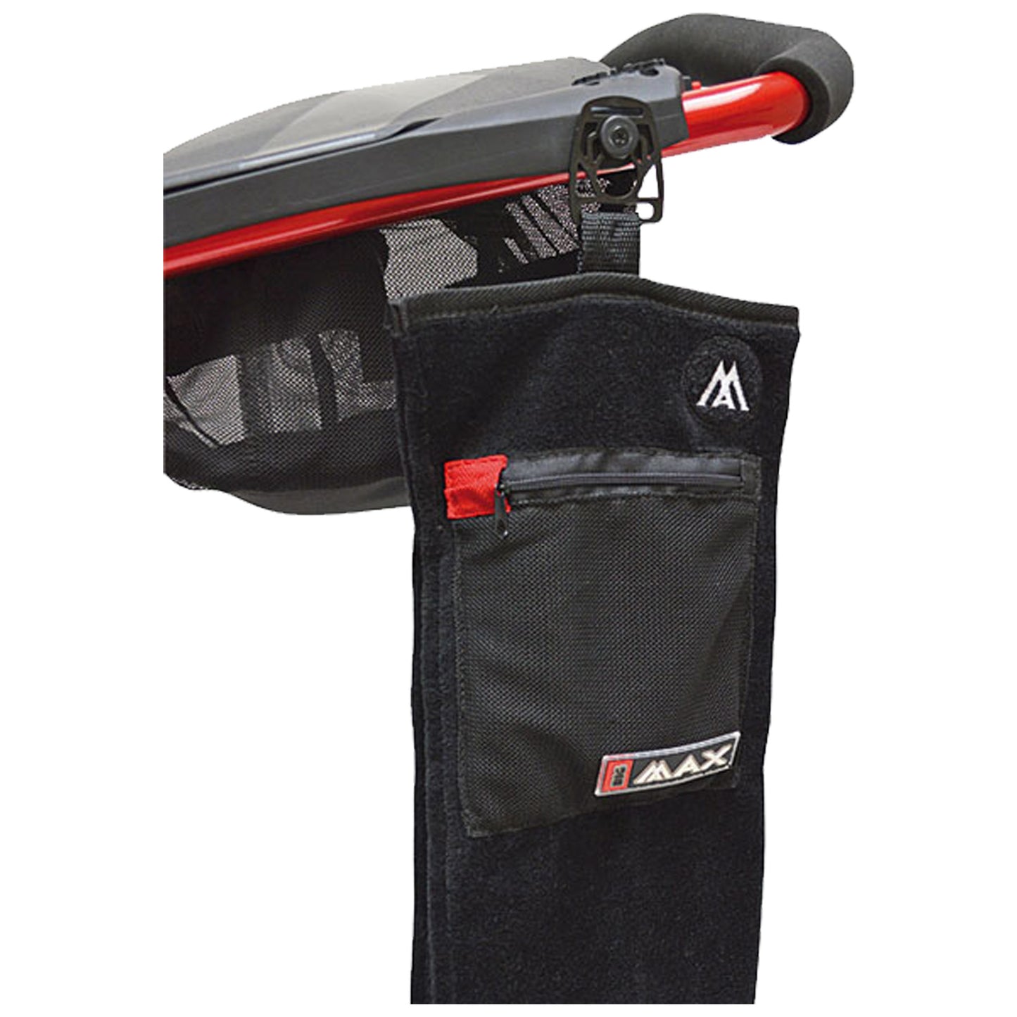 A black fabric storage bag with mesh pocket is attached to a red stroller handle it is designed to hold small items within easy reach while strolling.
