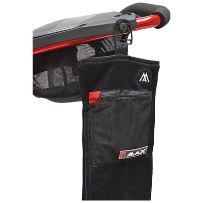 A black fabric storage bag with mesh pocket is attached to a red stroller handle it is designed to hold small items within easy reach while strolling.