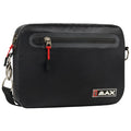 A black messenger bag features a top zipper and a front pocket with a red zipper pull showcasing a prominent logo on the bottom right. The strap indicates it's designed for carrying.