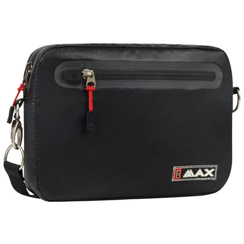 A black messenger bag features a top zipper and a front pocket with a red zipper pull showcasing a prominent logo on the bottom right. The strap indicates it's designed for carrying.
