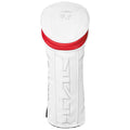 A white golf club headcover stands upright with a red accent on top while showing a sleek design featuring subtle branding and textured details in a neutral background.