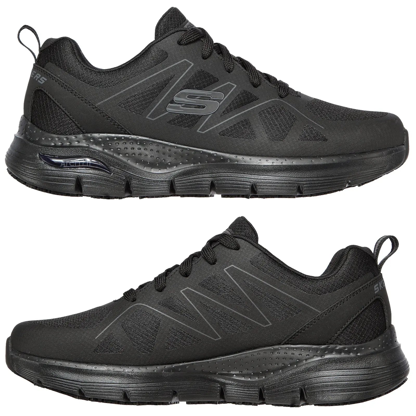 Black sneakers with a mesh upper and rubber sole are positioned upright displaying a sleek athletic design suitable for running or casual wear in a neutral indoor setting.
