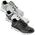 Stuburt Mens Evolve 3.0 Spikeless Golf Shoes Three pairs of golf shoes are displayed. The shoes vary in color and design, featuring white, grey, and black materials. They are arranged to showcase their features in a neutral setting.