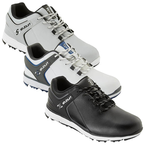 Stuburt Mens Evolve 3.0 Spikeless Golf Shoes Three pairs of golf shoes are displayed. The shoes vary in color and design, featuring white, grey, and black materials. They are arranged to showcase their features in a neutral setting.