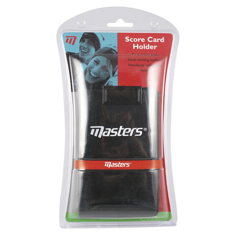 A black score card holder is displayed within clear packaging showing product images and text. The holder features a firm writing surface and is designed for golf scorekeeping.