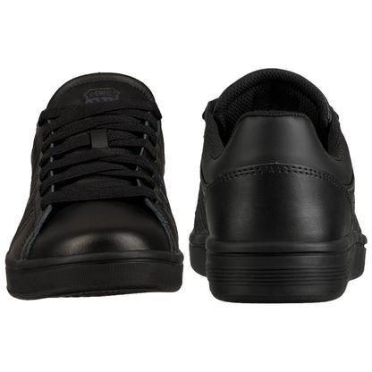 Black athletic shoes are positioned side by side with one facing forward and the other backward showcasing smooth leather and fabric textures in a neutral background