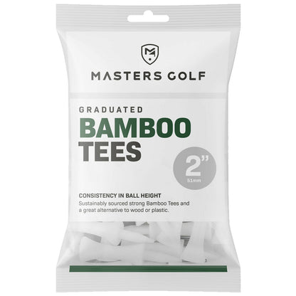 A bag of bamboo golf tees is displayed containing graduated tees for consistent ball height with a label stating sustainably sourced and a size of 2 inches 51mm.
