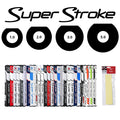 A variety of Super Stroke golf grips of different sizes are arranged neatly. Above them are circular indicators labeled 1.0, 2.0, 3.0, and 5.0. There is also a pack of grip tape on the side.