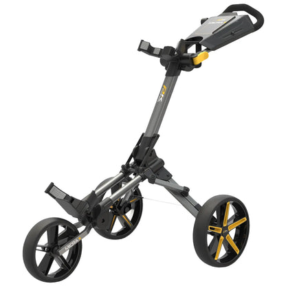 A golf push cart stands upright with three wheels and a handlebar for pushing. It is designed for transporting golf clubs and accessories across a course, showcasing a modern ergonomic design.