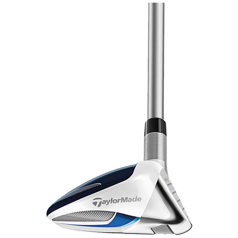 A golf club with a white and blue head is positioned upright showcasing its angled face and sleek design ready for use on a golf course or practice range environment.