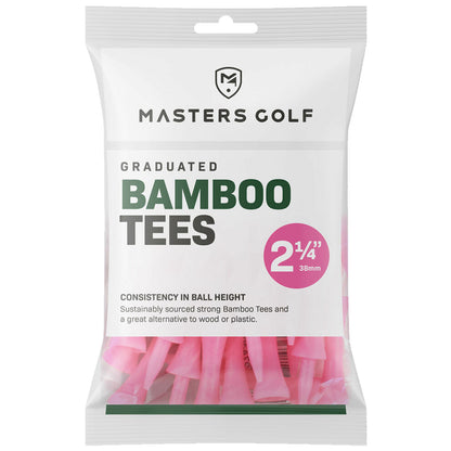 A clear plastic bag contains graduated bamboo golf tees primarily in pink with a label detailing their size and sustainability as an alternative to wood or plastic