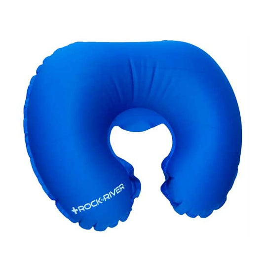 A blue inflatable neck pillow is prominently displayed with a U-shape design providing support for the neck during travel or relaxation. The background is plain and untextured.