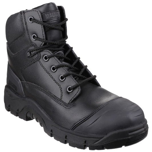 A black tactical boot made of leather is displayed upright laced tightly showing a reinforced toe and sturdy sole meant for durability and support in rugged environments.