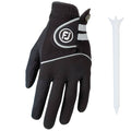 A black golf glove with a logo and white accents is displayed alongside a white golf tee, sitting against a plain background, ready for use in a golfing context.