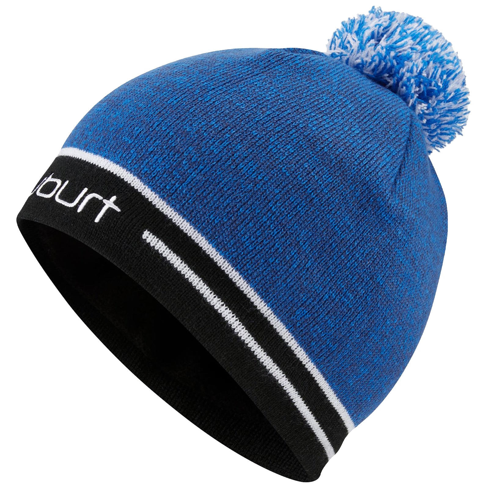 A knit hat in blue with a pom-pom on top features a black and white band at the base and displays the word "albrt" in white embroidery.