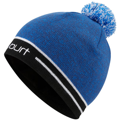 A knit hat in blue with a pom-pom on top features a black and white band at the base and displays the word "albrt" in white embroidery.