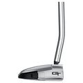 A golf putter is angled upright showcasing its sleek silver head and black base resting on a plain white background highlighting the object's design and purpose in the sport of golf