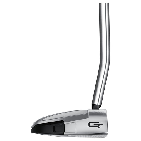 A golf putter is angled upright showcasing its sleek silver head and black base resting on a plain white background highlighting the object's design and purpose in the sport of golf