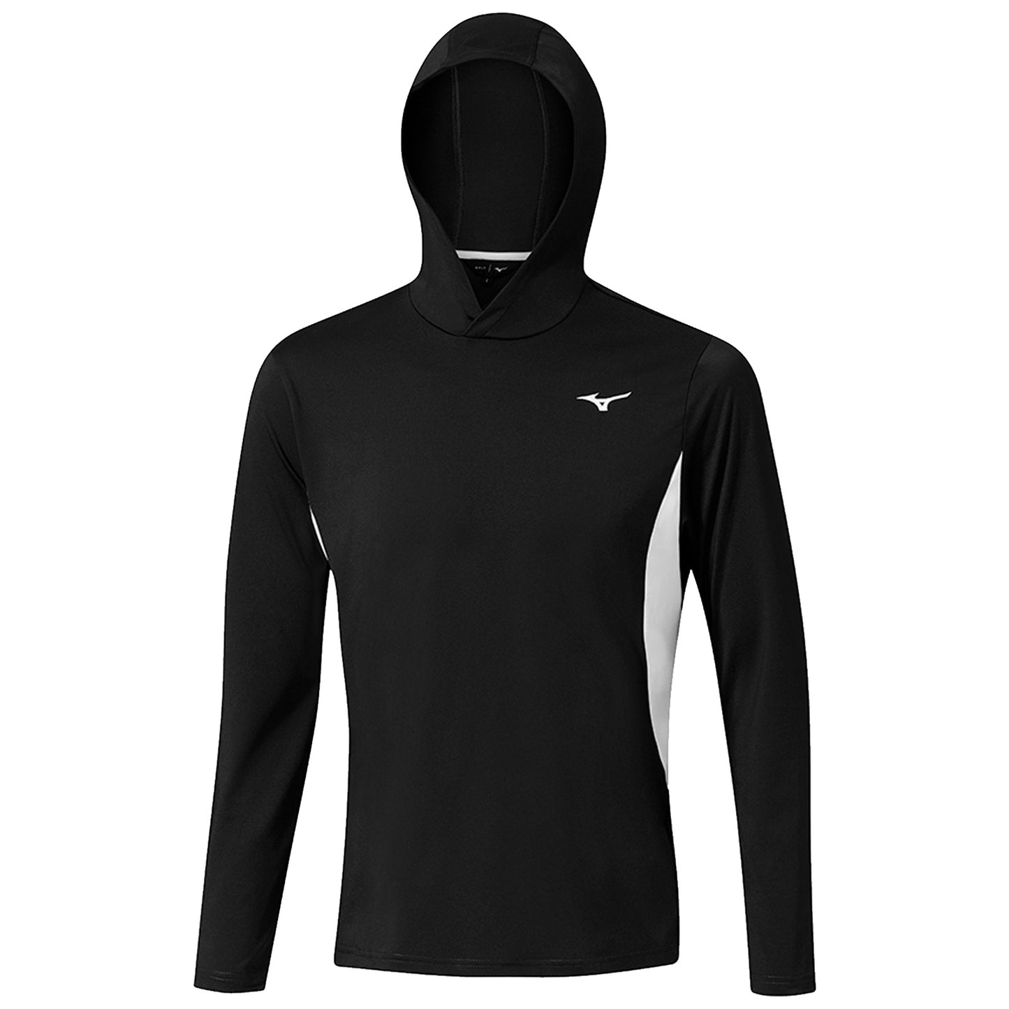 A black long-sleeve hooded shirt with white accents is displayed. It appears designed for athletic use, suitable for outdoor activities or sports in warm conditions.