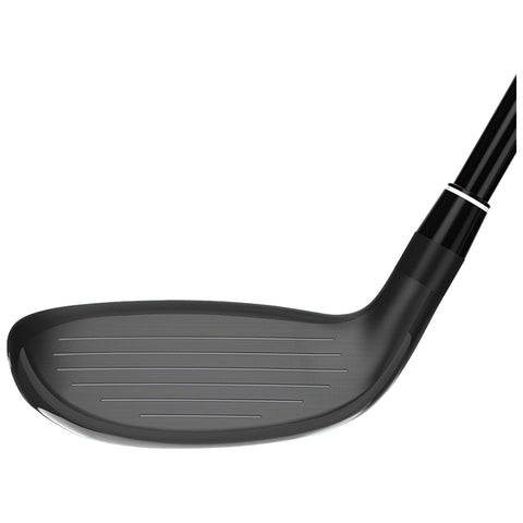 A golf club head is angled slightly with the face showing smooth surface and grooves. It is positioned against a plain white background emphasizing its design.