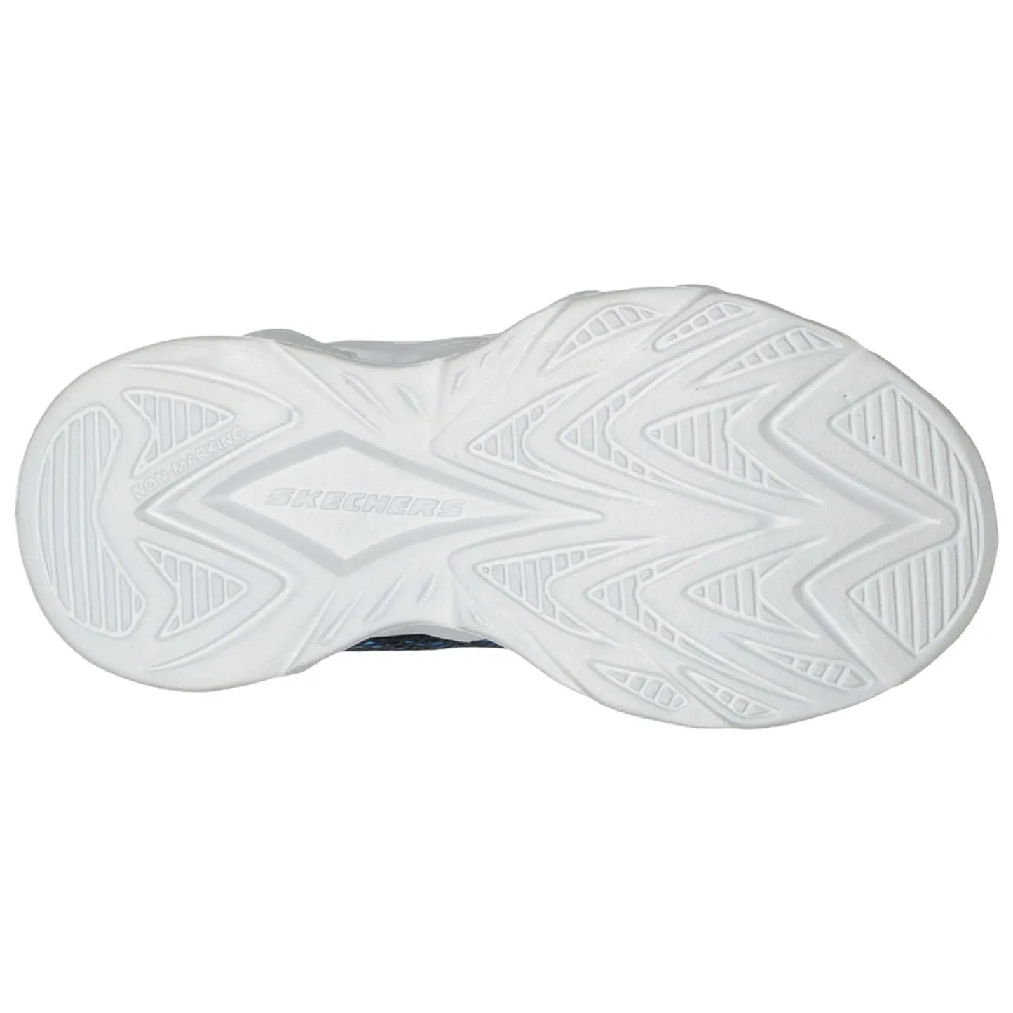 A white sneaker sole rests flat displaying intricate tread patterns and the brand name Skechers embossed in the center with a non-marking label indicating its intended use