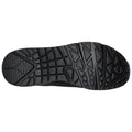 A black sneaker sole is displayed with a textured tread pattern designed for traction on various surfaces showcasing grooves and raised sections suitable for outdoor activities.