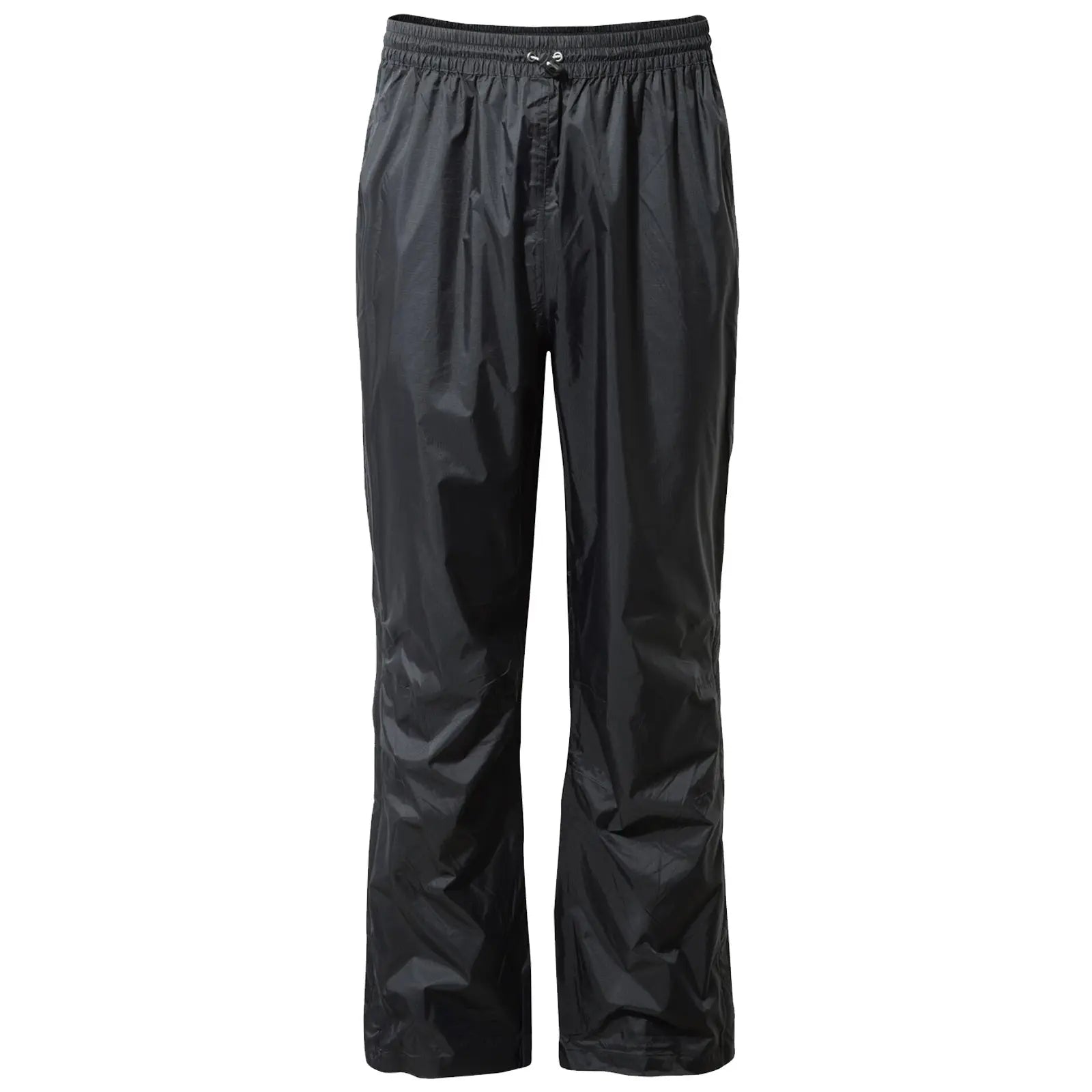 Black waterproof pants hang vertically with an elastic waist and drawstring. They are designed for outdoor wear, suitable for rainy or wet conditions, providing protection and comfort for the wearer.