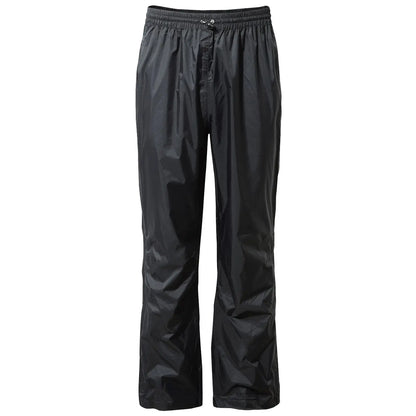 Black waterproof pants hang vertically with an elastic waist and drawstring. They are designed for outdoor wear, suitable for rainy or wet conditions, providing protection and comfort for the wearer.