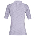 A fitted light purple athletic shirt features short sleeves and a collar with mesh detailing. It is displayed against a plain white background, emphasizing its textile pattern.