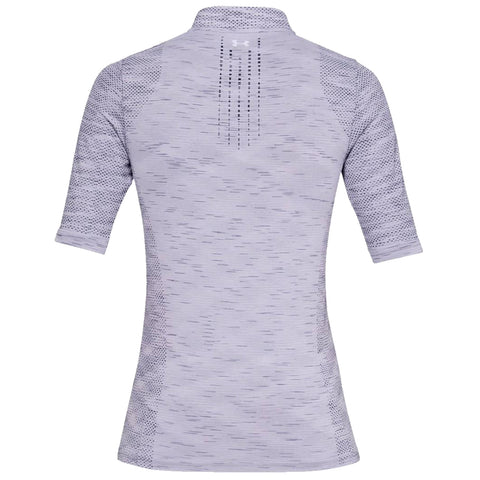 A fitted light purple athletic shirt features short sleeves and a collar with mesh detailing. It is displayed against a plain white background, emphasizing its textile pattern.