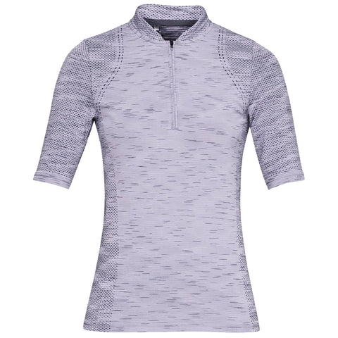 A short-sleeved athletic top with a half-zip collar is displayed against a plain background featuring a textured pattern in light gray and darker gray elements designed for active wear.