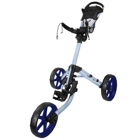 A light blue golf push cart with three large black and blue wheels is positioned upright ready for use on a golf course for carrying golf clubs and equipment.