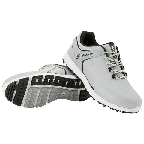 Two gray athletic shoes are positioned together showcasing their sleek design and lacing system set against a plain white background that highlights their features and detailing.