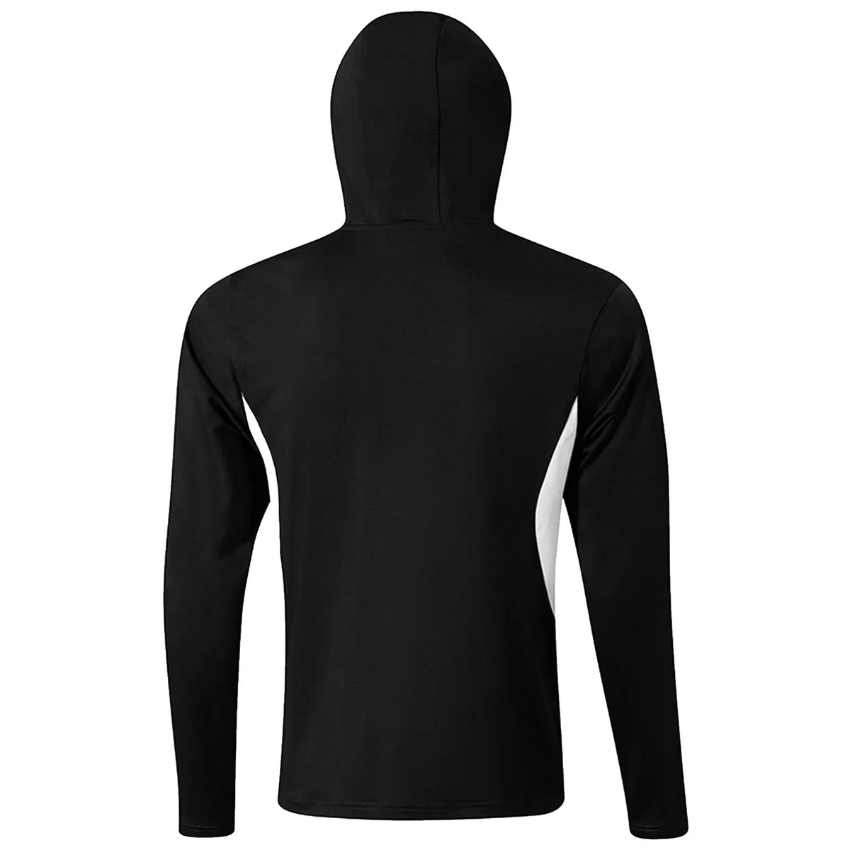 A black long-sleeve hoodie with a fitted design displays a stark contrast from white side panels highlighting athletic wear suitable for casual or active environments