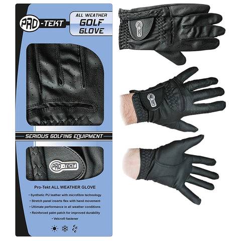 Black golf gloves are displayed against a blue background showcasing their perforated design and flexibility. They are marketed for all weather conditions emphasizing durability and performance for golfers.