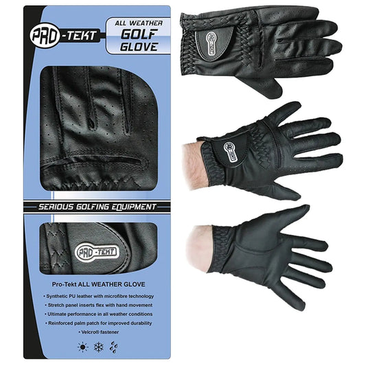 Black golf gloves are displayed against a blue background showcasing their perforated design and flexibility. They are marketed for all weather conditions emphasizing durability and performance for golfers.