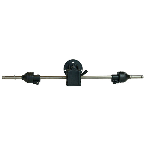 A long metal shaft with rubber ends connects to a central mechanical component designed for movement within a mechanical system possibly related to automotive applications in a neutral background.