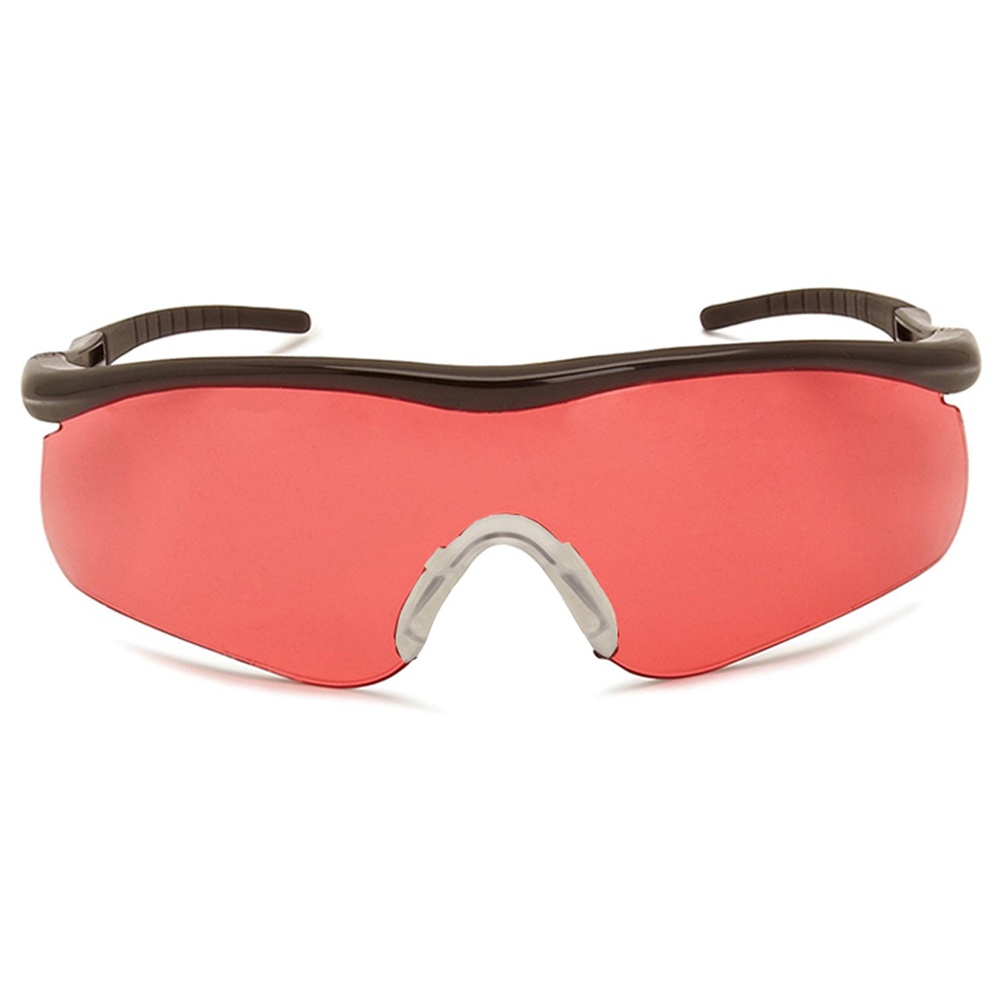 A pair of sleek sport sunglasses with large red lenses sits upright showing a curved design with a dark frame and rubber nose pads for comfort in an outdoor setting.