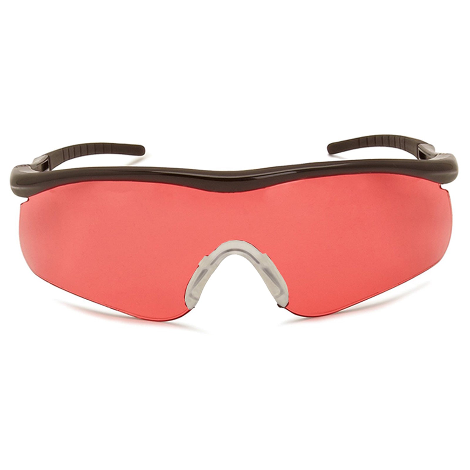 A pair of sleek sport sunglasses with large red lenses sits upright showing a curved design with a dark frame and rubber nose pads for comfort in an outdoor setting.