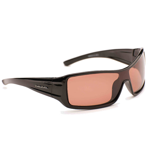 Black sunglasses with tinted lenses rest on a flat surface showcasing a sleek design suitable for outdoor activities highlighting protection from sunlight and enhancing visibility in bright conditions.