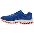 A blue athletic shoe with mesh detailing and orange rubber sole rests on a white background showcasing its design features and vibrant color contrast.